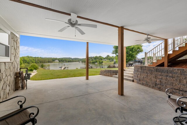 1114 Lake Ridge Dr, Dandridge, TN 37725 - view of patio / terrace featuring a ceiling fan, a water view, and stairs
