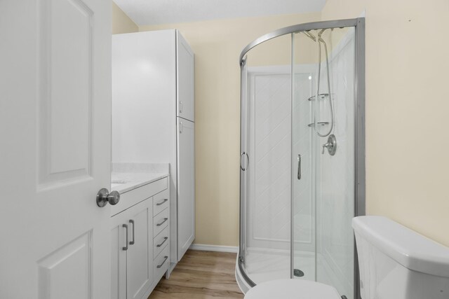 1114 Lake Ridge Dr, Dandridge, TN 37725 - full bathroom with toilet, a stall shower, wood finished floors, vanity, and baseboards