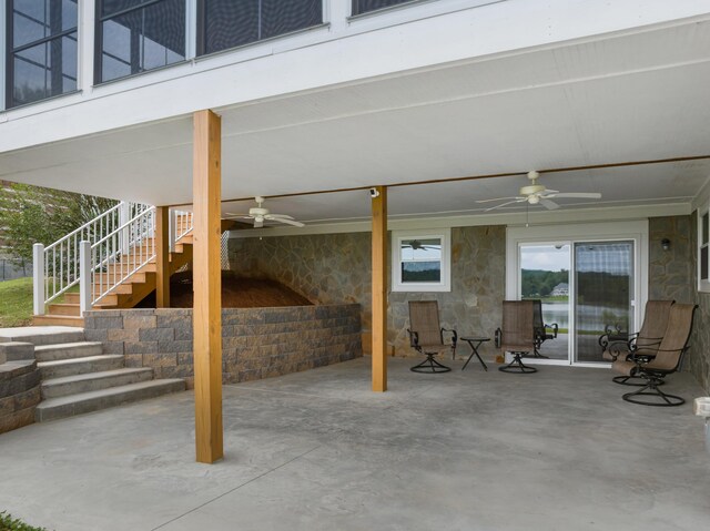 1114 Lake Ridge Dr, Dandridge, TN 37725 - view of patio featuring a ceiling fan and stairway