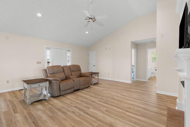 1114 Lake Ridge Dr, Dandridge, TN 37725 - living area with light wood-style flooring, a ceiling fan, baseboards, recessed lighting, and high vaulted ceiling