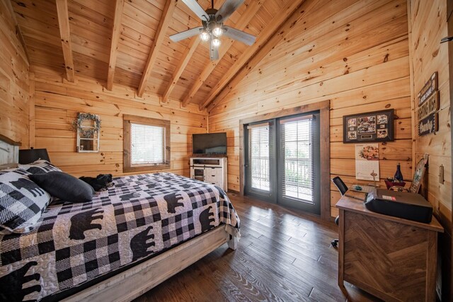 bedroom with ceiling fan, dark hardwood / wood-style flooring, beamed ceiling, wood walls, and wood ceiling