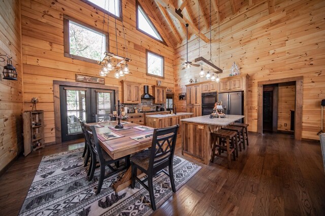 dining area featuring beamed ceiling, dark hardwood / wood-style floors, wooden ceiling, and high vaulted ceiling