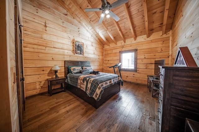 bedroom with ceiling fan, wooden ceiling, dark hardwood / wood-style flooring, lofted ceiling with beams, and wood walls