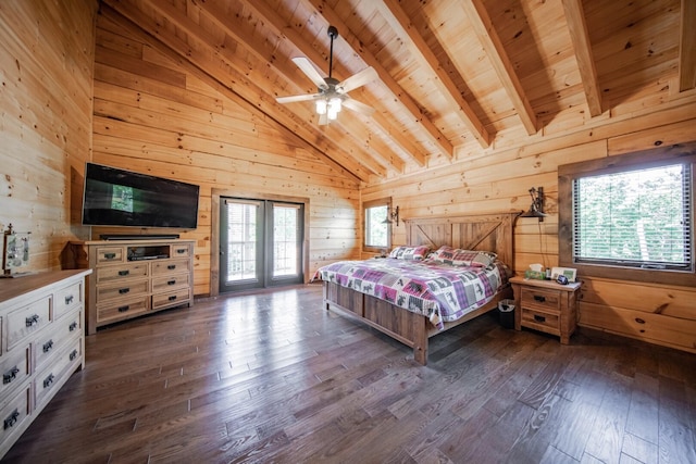 bedroom featuring beam ceiling, wood walls, ceiling fan, and wood ceiling