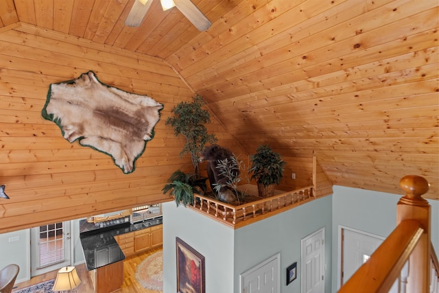 details with a ceiling fan and wooden ceiling