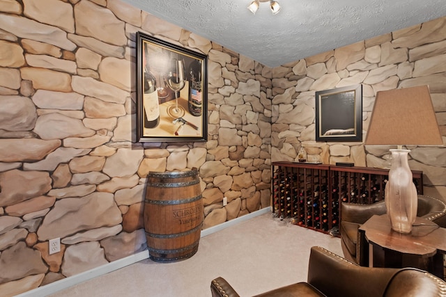 wine area with carpet floors and a textured ceiling