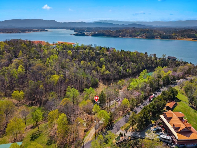 drone / aerial view with a wooded view and a water and mountain view