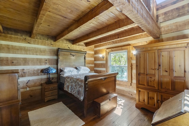 bedroom featuring beamed ceiling, dark hardwood / wood-style flooring, wood ceiling, and wood walls