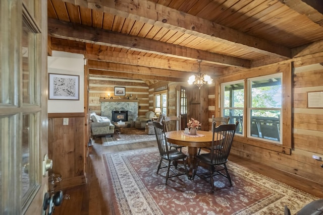 2965 Round Mountain Rd, Del Rio, TN 37727 - dining area with wooden walls, hardwood / wood-style flooring, a wood ceiling with exposed beams, a lit fireplace, and a chandelier