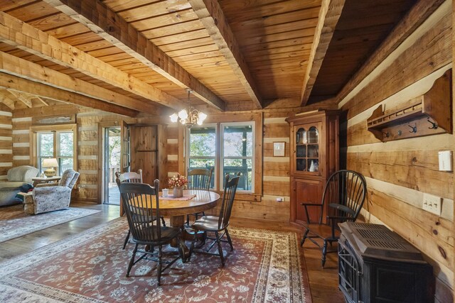 dining room featuring wooden walls, beamed ceiling, dark hardwood / wood-style flooring, wood ceiling, and a chandelier