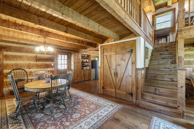 dining space featuring wooden ceiling, beamed ceiling, dark hardwood / wood-style floors, a chandelier, and wooden walls