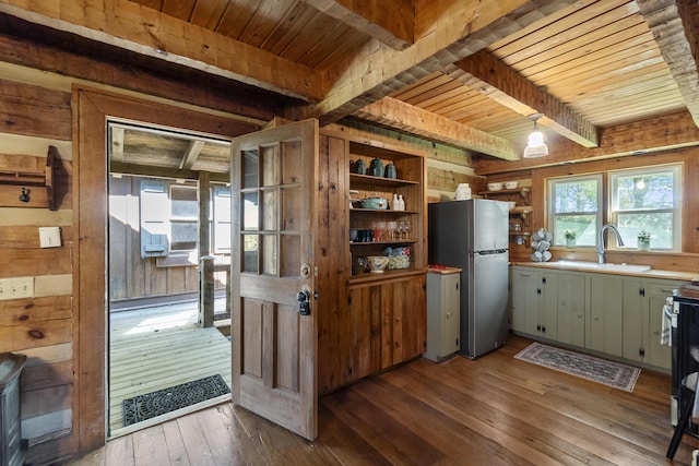 2965 Round Mountain Rd, Del Rio, TN 37727 - kitchen with a wood ceiling with exposed beams, open shelves, dark wood-type flooring, appliances with stainless steel finishes, and wooden walls