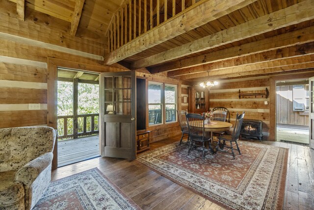 dining area with wood walls, wooden ceiling, and a healthy amount of sunlight