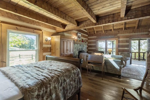 2965 Round Mountain Rd, Del Rio, TN 37727 - bedroom with wood walls, a wooden ceiling with exposed beams, hardwood / wood-style floors, access to exterior, and a fireplace