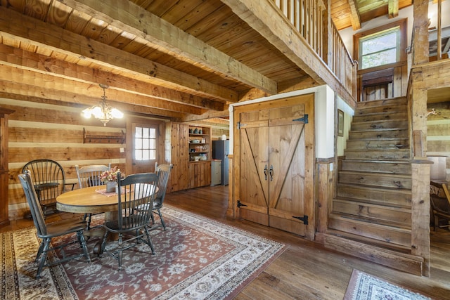 2965 Round Mountain Rd, Del Rio, TN 37727 - dining area with a wood ceiling with exposed beams, wood walls, stairs, wood-type flooring, and a chandelier