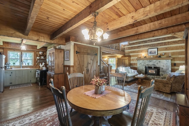 dining area with a wood stove, dark wood-type flooring, an inviting chandelier, sink, and beamed ceiling