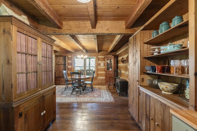 dining area featuring wooden walls, beamed ceiling, a notable chandelier, dark hardwood / wood-style flooring, and wood ceiling