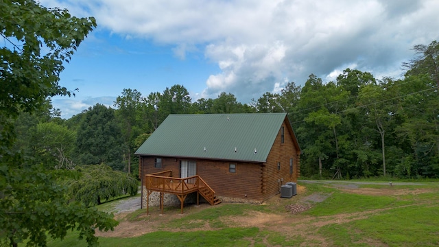 158 Delph Ln, Mooresburg, TN 37811 - view of property exterior featuring a deck, log exterior, stairway, a yard, and a wooded view