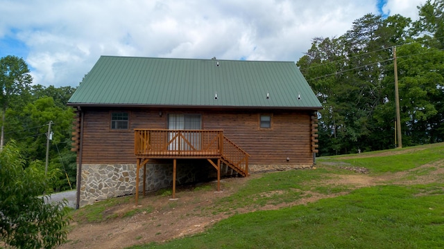 158 Delph Ln, Mooresburg, TN 37811 - back of property with a deck, log exterior, stairs, and a yard