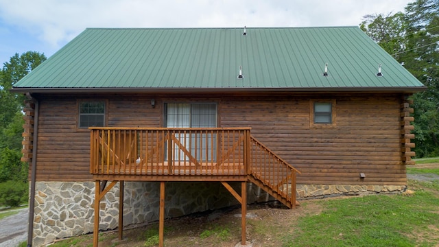 158 Delph Ln, Mooresburg, TN 37811 - back of house featuring a wooden deck, log siding, a metal roof, and stairway