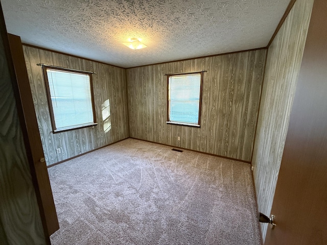 carpeted spare room with plenty of natural light, wood walls, and a textured ceiling