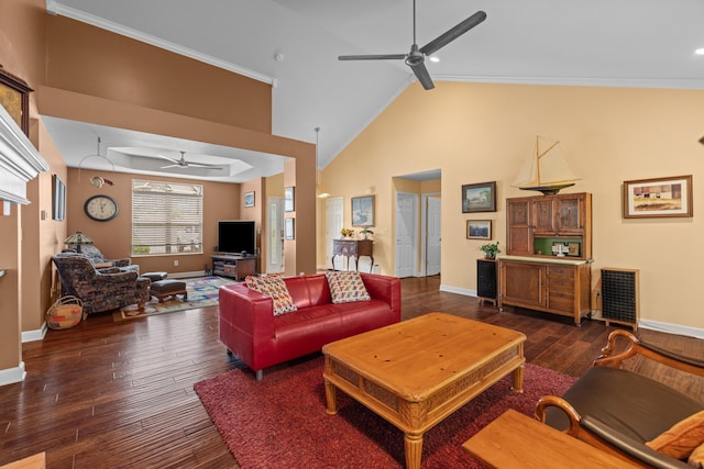 117 Tahlequah Ln, Loudon, TN 37774 - living room featuring a ceiling fan, baseboards, hardwood / wood-style flooring, ornamental molding, and high vaulted ceiling