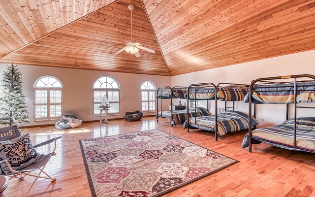150 Florence Cir, Dandridge, TN 37725 - bedroom with wood-type flooring, high vaulted ceiling, ceiling fan, and wood ceiling