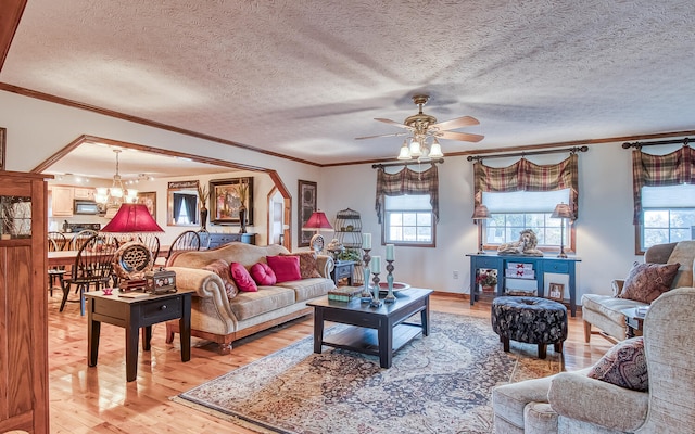 150 Florence Cir, Dandridge, TN 37725 - living room featuring wood-type flooring, ceiling fan with notable chandelier, a textured ceiling, and ornamental molding