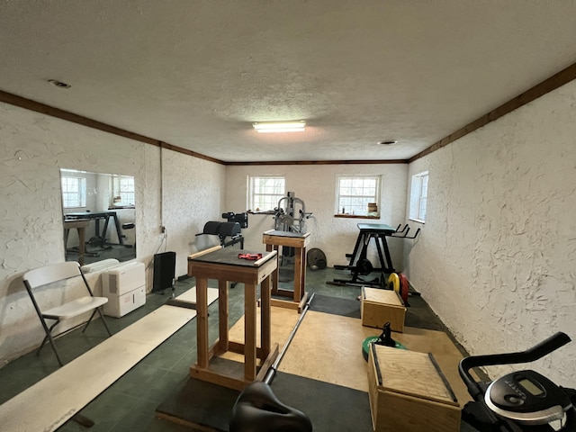 exercise room featuring ornamental molding and a textured ceiling