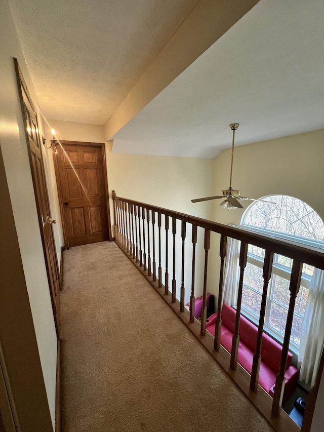 corridor featuring light colored carpet and lofted ceiling