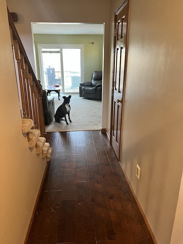 hallway with dark hardwood / wood-style flooring