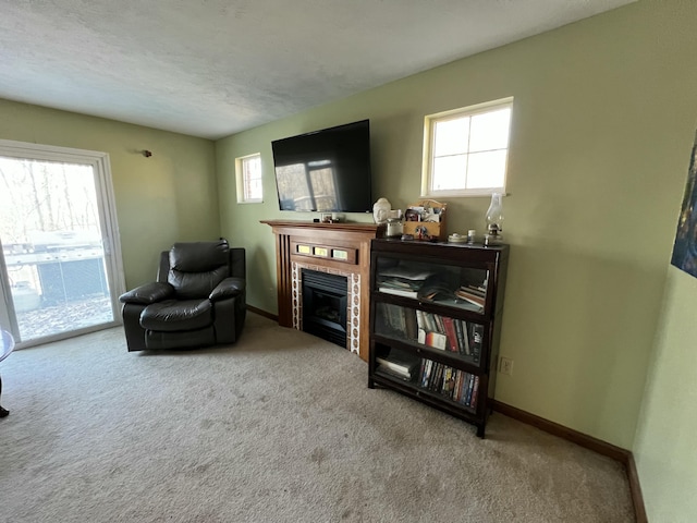 living area featuring carpet floors and a textured ceiling