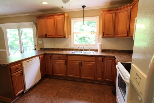 5780 Catawba Ln, Morristown, TN 37814 - kitchen featuring white appliances, dark countertops, crown molding, a peninsula, and recessed lighting