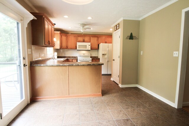 5780 Catawba Ln, Morristown, TN 37814 - kitchen featuring white appliances, recessed lighting, a peninsula, ornamental molding, and a ceiling fan