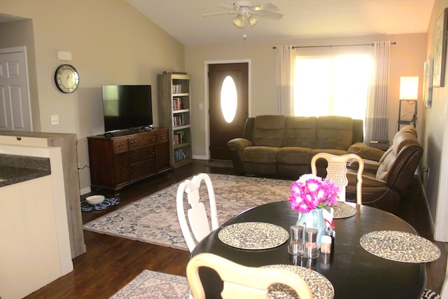 852 Quiet Oaks Way, Dandridge, TN 37725 - living room featuring dark wood finished floors, a ceiling fan, and lofted ceiling