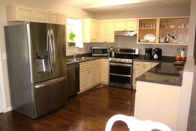 852 Quiet Oaks Way, Dandridge, TN 37725 - kitchen with stainless steel appliances, under cabinet range hood, dark countertops, and dark wood-type flooring