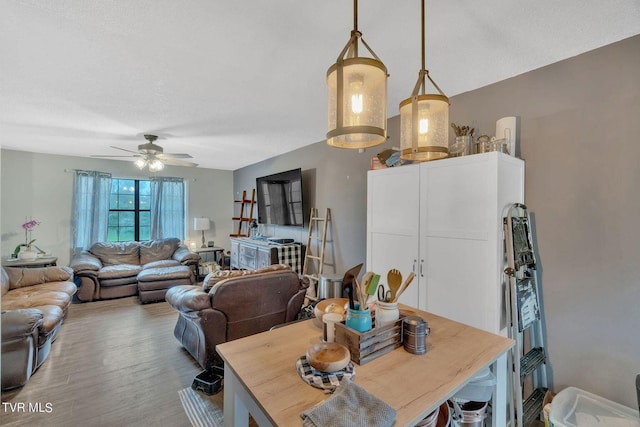 dining area with ceiling fan and light wood-type flooring