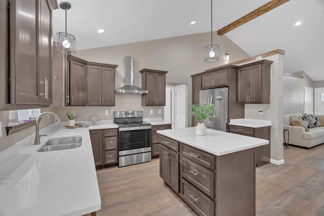 kitchen with dark brown cabinets, wall chimney exhaust hood, stainless steel appliances, and a sink