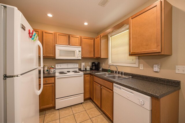 kitchen with visible vents, dark countertops, white appliances, recessed lighting, and a sink