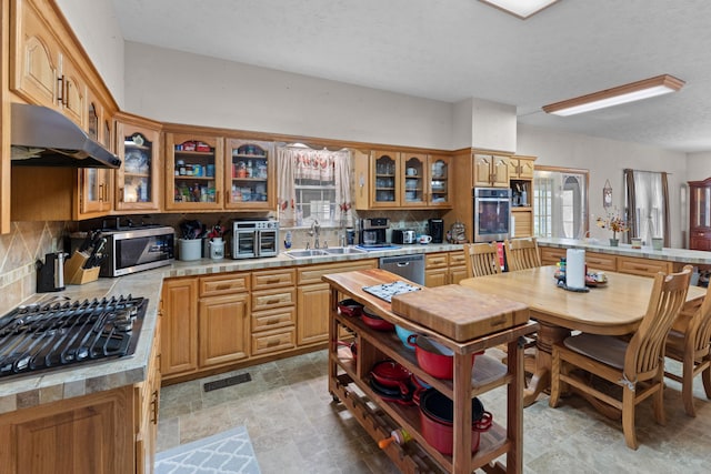 kitchen with decorative backsplash, a textured ceiling, stainless steel appliances, and sink