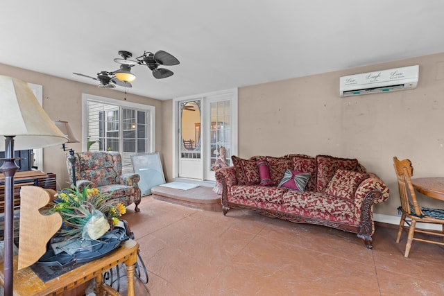 tiled living room featuring ceiling fan and an AC wall unit