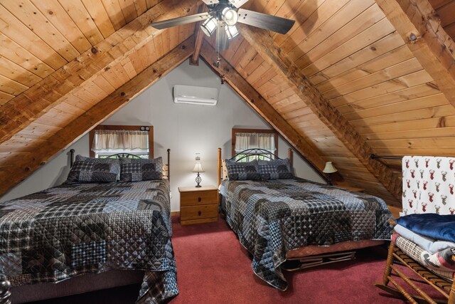1055 Dean Cir, Dandridge, TN 37725 - carpeted bedroom featuring wooden ceiling, an AC wall unit, and a ceiling fan