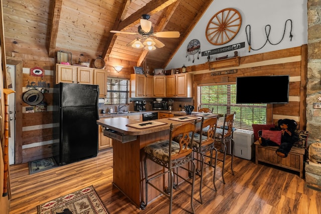 1055 Dean Cir, Dandridge, TN 37725 - kitchen featuring a wooden ceiling with exposed beams, black appliances, light wood-type flooring, a ceiling fan, and high vaulted ceiling