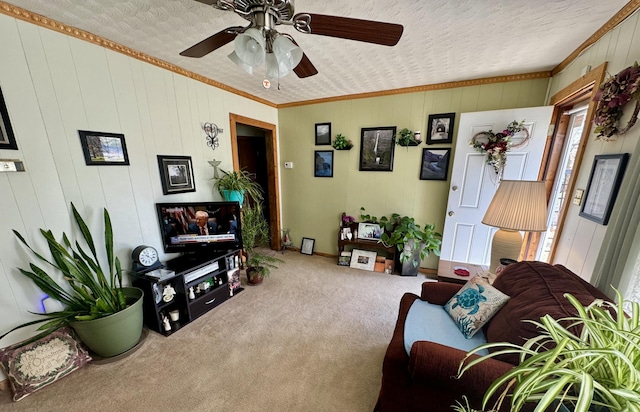 living room with carpet floors, a ceiling fan, ornamental molding, and a textured ceiling