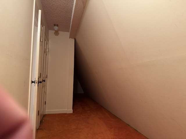 corridor featuring carpet floors and a textured ceiling