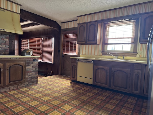 kitchen featuring a sink, a textured ceiling, light countertops, and white dishwasher