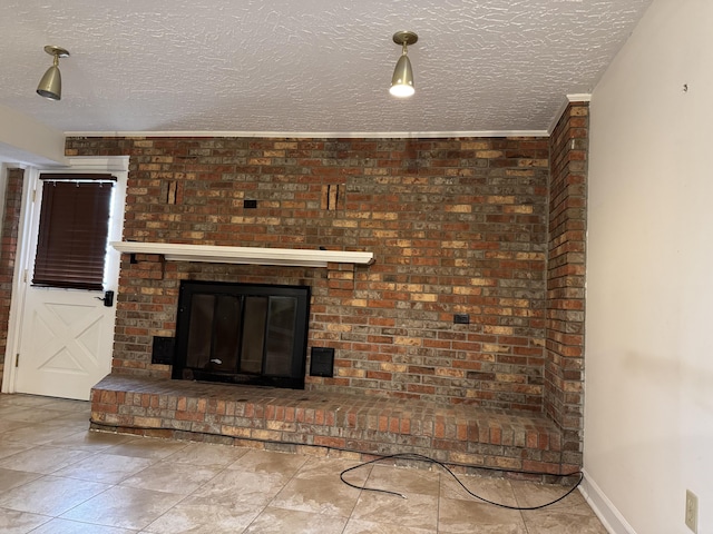 details with a brick fireplace, a textured ceiling, and baseboards