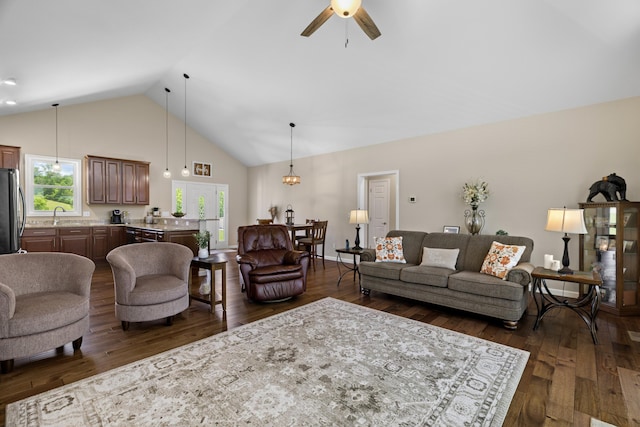 2139 Rainwater Rd, Dandridge, TN 37725 - living room featuring a ceiling fan, high vaulted ceiling, and dark wood finished floors