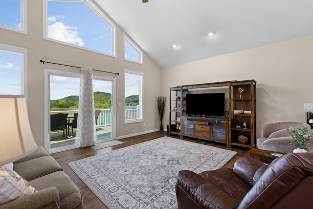 2139 Rainwater Rd, Dandridge, TN 37725 - living room featuring high vaulted ceiling, wood finished floors, and recessed lighting
