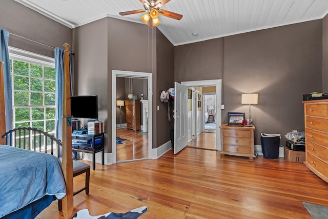 1130 Squirewood Way, Dandridge, TN 37725 - bedroom with crown molding, high vaulted ceiling, light wood-style floors, and a ceiling fan